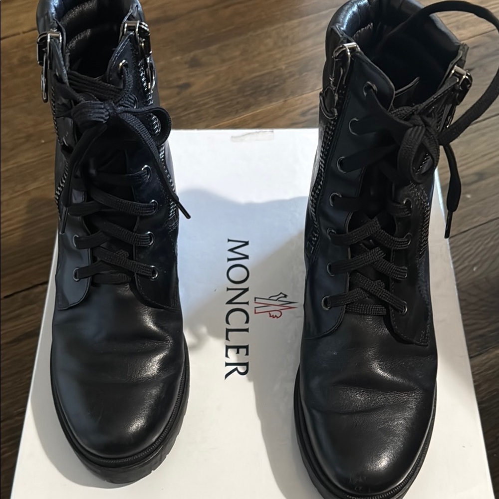 Moncler Black Leather Lug-Platform Combat Boots with Side Zip - Picture 5 of 5